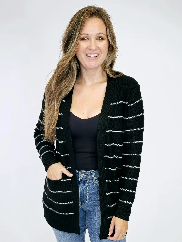 STRIPED CARDIGAN W/POCKETS - BLACK Plaid Cardigan Polka Dot Checkered