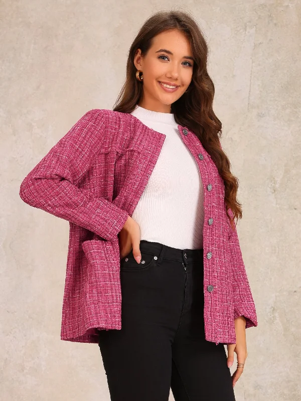 Tweed Plaid Collarless Button Down Pocketed Jacket Hooded Jacket Caped Jacket Shawl Collar Jacket