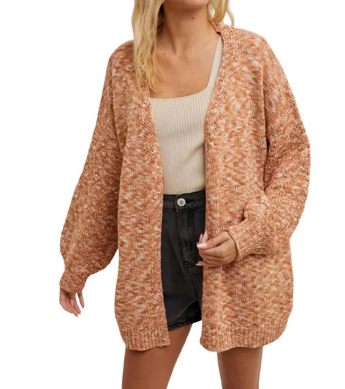 Long Sleeve Sweater Cardigan In Heathered Camel Machine Wash Dry Clean Hand Wash