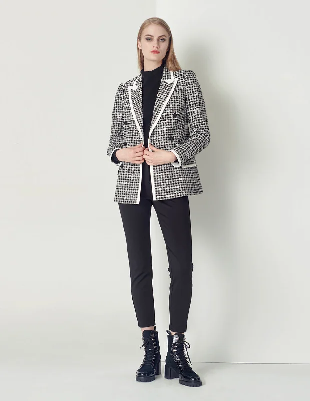 MARYLING Black and white houndstooth double-breasted commuter blazer Women's Trench Blazer