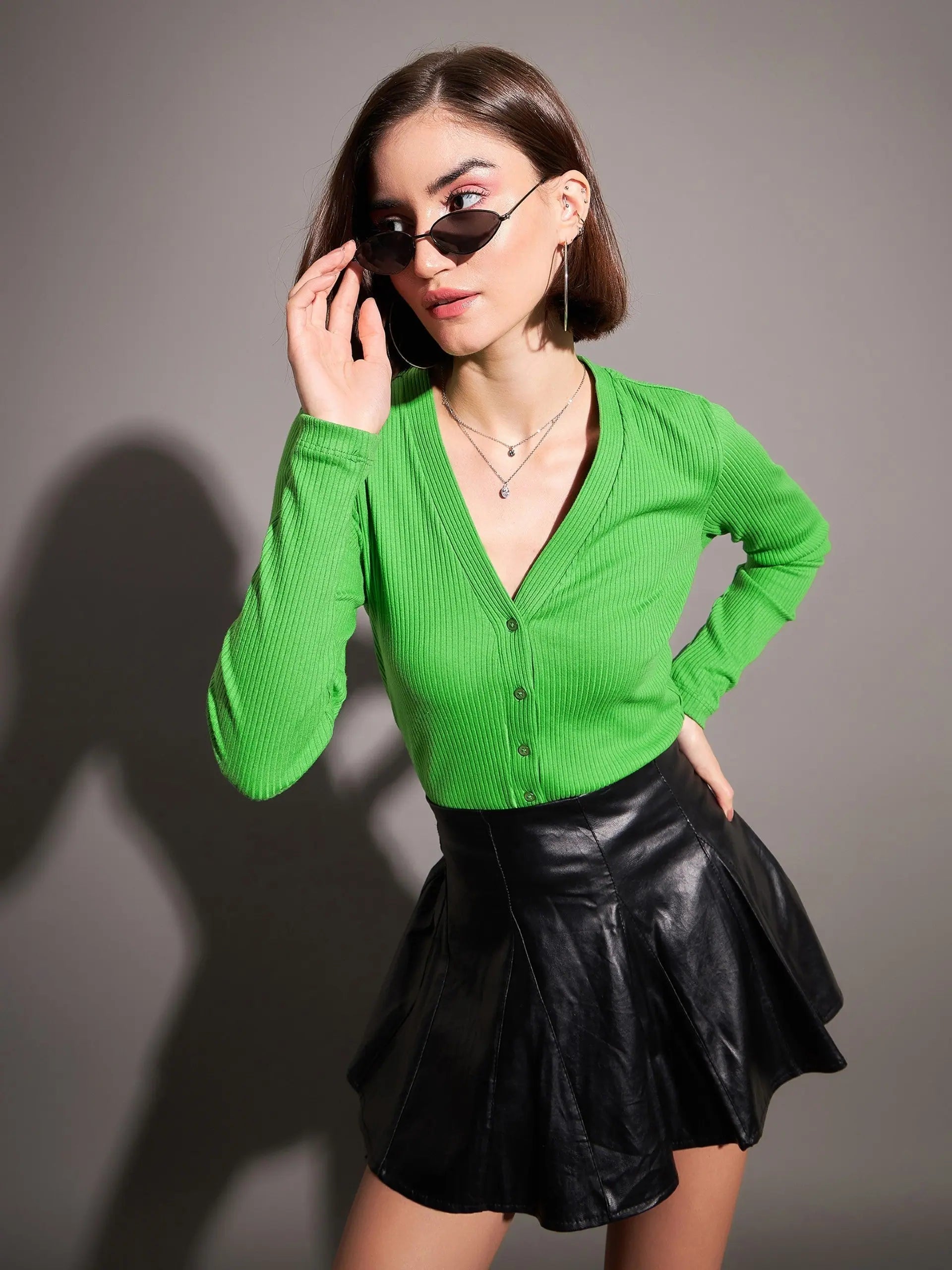 Women Green Rib Front Open Cardigan Top Mesh Blend Leather Blend Suede Blend