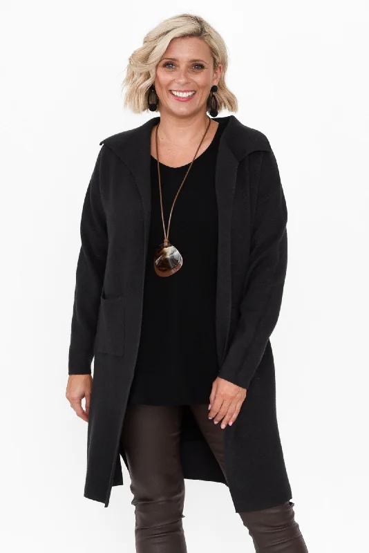 Michele Black Cotton Blend Longline Cardigan Iron Safe Non-Iron Wrinkle Free