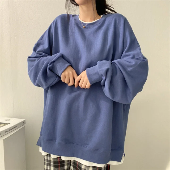 IKEARLAXCotton, fake two-piece sweater women's loose Korean version tide Popular trade loose and versatile students spring and autumn solid color coat ins tide brand Soft Cozy Warm