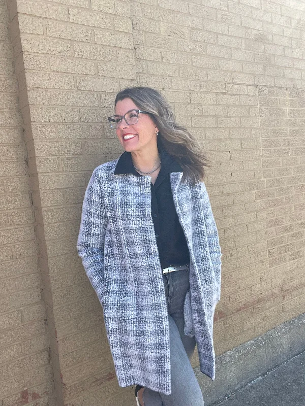 Coatigan Sweater Gray & White Plaid Spandex Blend Rayon Blend Denim Blend