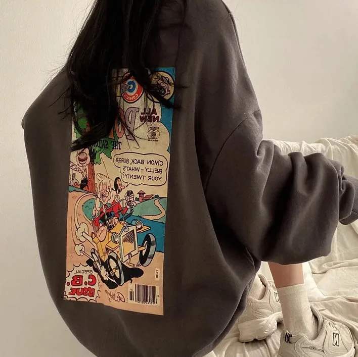 IKEARLAXWholesale crew neck sweater women's Korean version loose velvet spring autumn and winter ins trendy cotton lazy printing  new graffiti Notch Collar Peter Pan Collar Cowl Neck