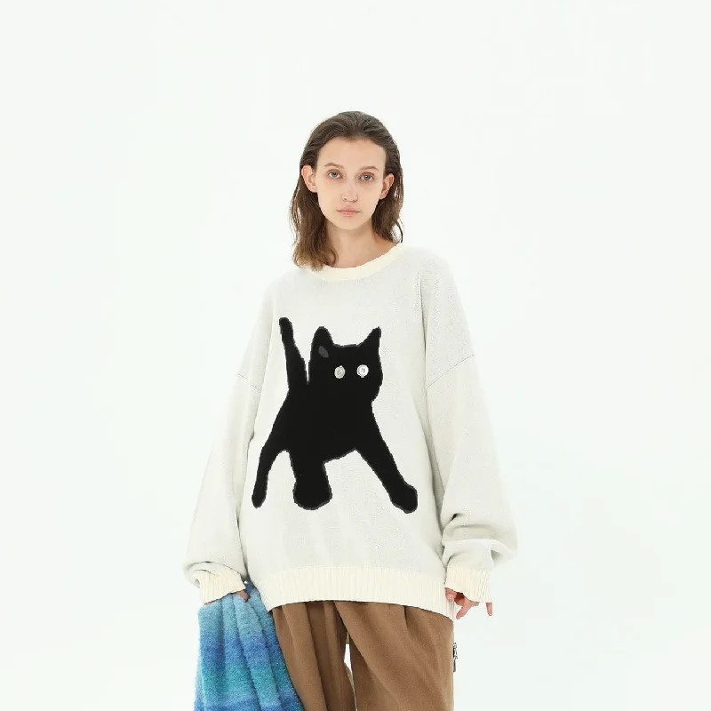 Cat Graphic Sweater Mesh Blend Leather Blend Suede Blend