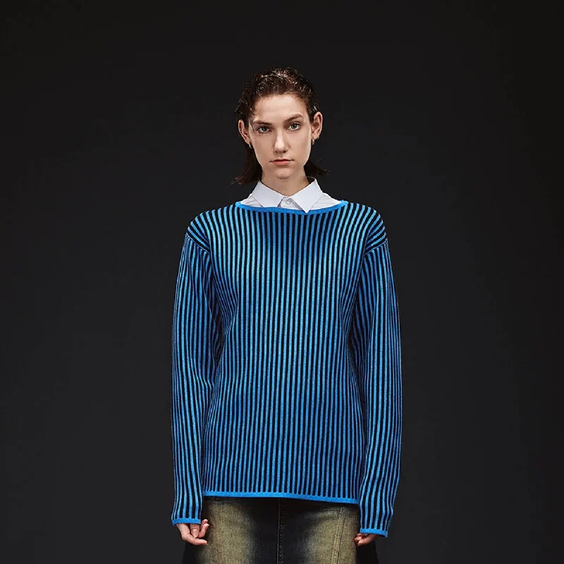 Blue Striped Knit Sweater Lace Blend Ribbed Blend Corduroy Blend