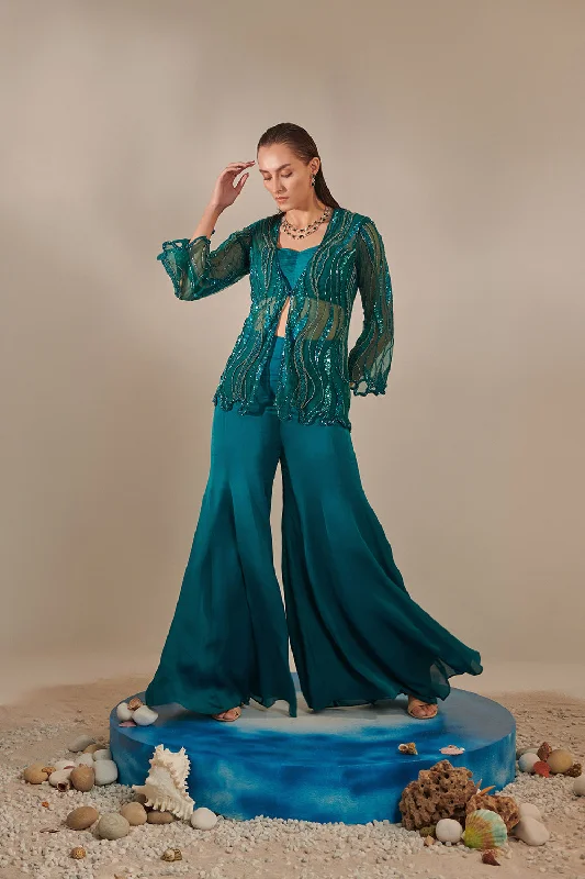Teal Cutwork Tulle Jacket , Kalidar Sharara, Ruched Bustier Zip Front Button Front Snap Front