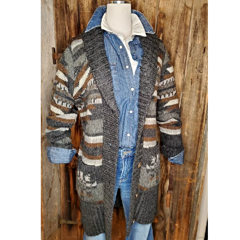 Aztec Print Tie Sweater Zippered Front Buttoned Front Snap Front