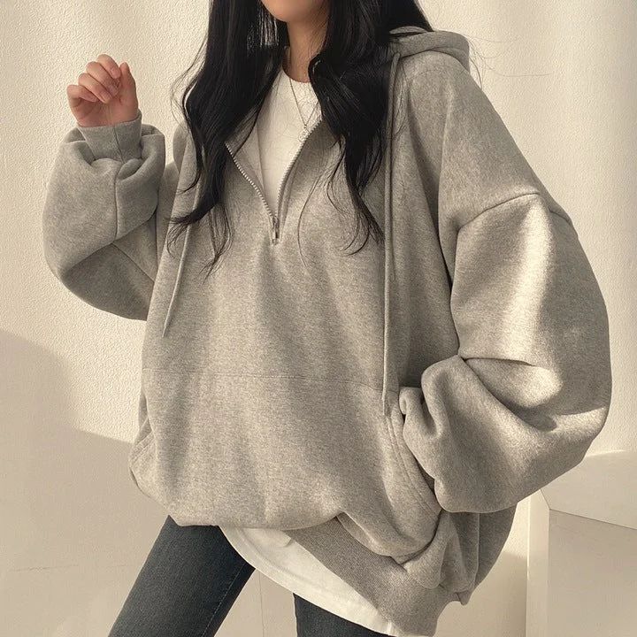 IKEARLAXZipper sweater women's  new women's clothing loose Korean thin spring autumn and winter thickened velvet large size Internet celebrities Zippered Buttoned Snapped