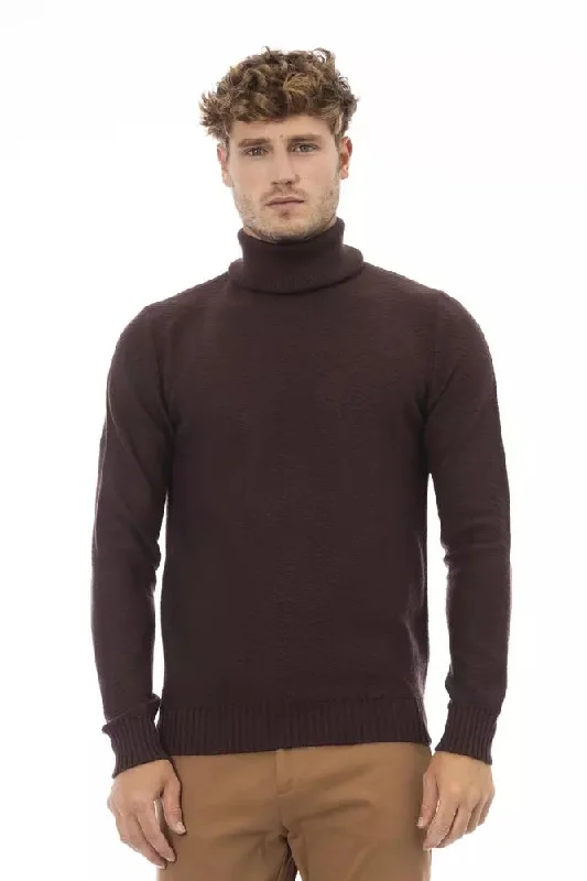 Brown Merino Wool Men Sweater Solid Color Striped Floral Print