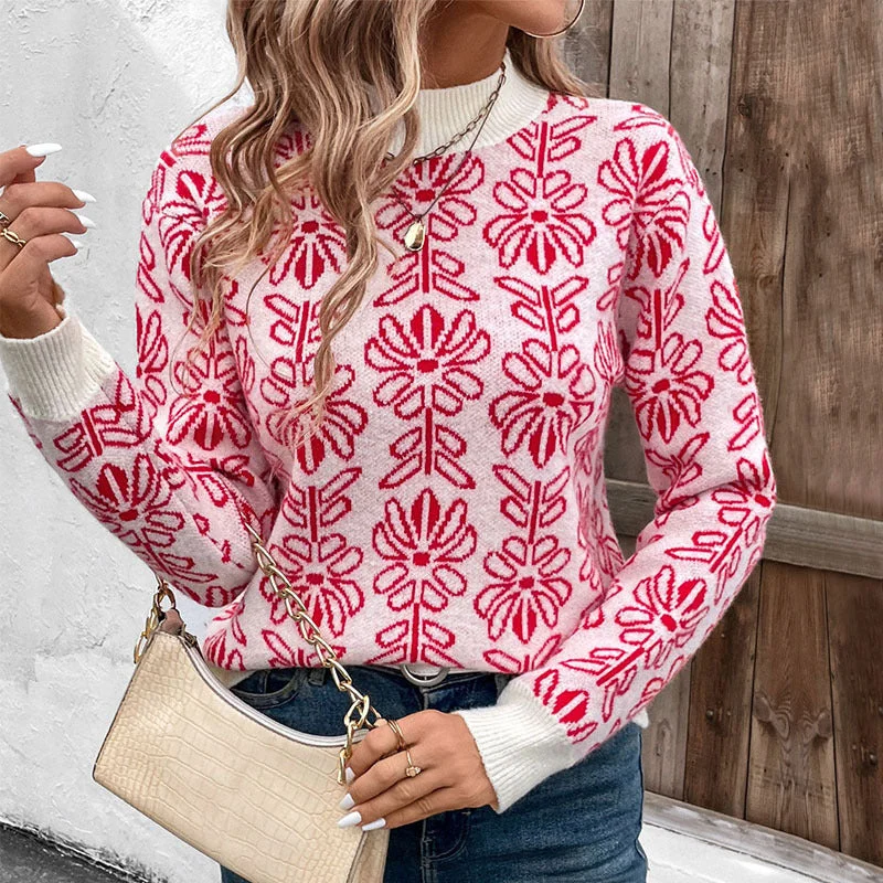 IKEARLAX Valentine's Day semi-turtleneck knitted sweater New autumn and winter 2025 flowers jacquard pink sweater women Solid Color Striped Floral Print