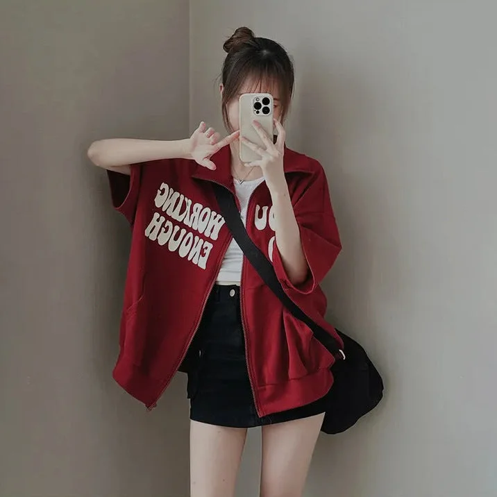 IKEARLAXManufacturer short-sleeved sweater women's jacket women's popular new spring and summer loose sports stand-up collar shirt Popular style casual zipper Lace Blend Ribbed Blend Corduroy Blend