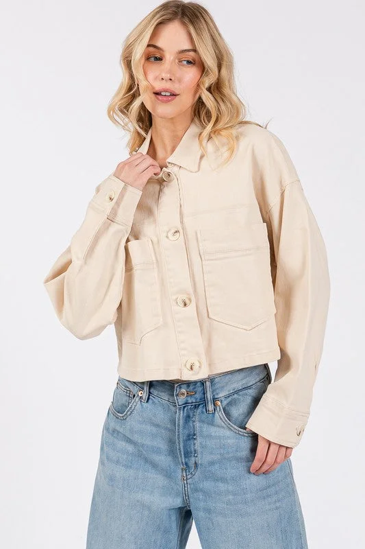 Hazel Blues® | bytos Button Down Cropped Denim Jacket with Patch Pockets Satin Fabric Silk Fabric Chiffon Fabric Hazel Blues® | bytos Button Down Cropped Denim Jacket with Patch Pockets Satin Fabric Silk Fabric Chiffon Fabric