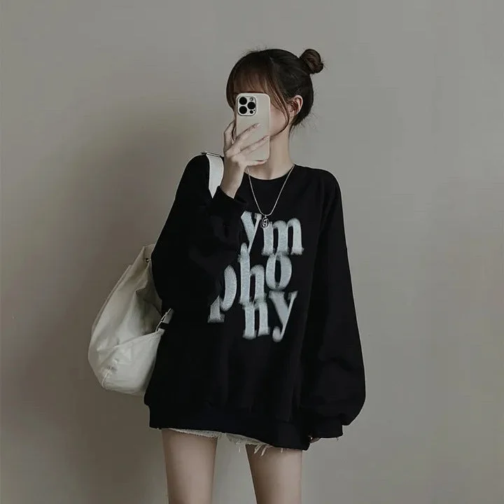 IKEARLAXManufacturer's heavy round neck sweater women's popular autumn and winter new letter printing loose plus size thin long sleeves Houndstooth Herringbone Solid