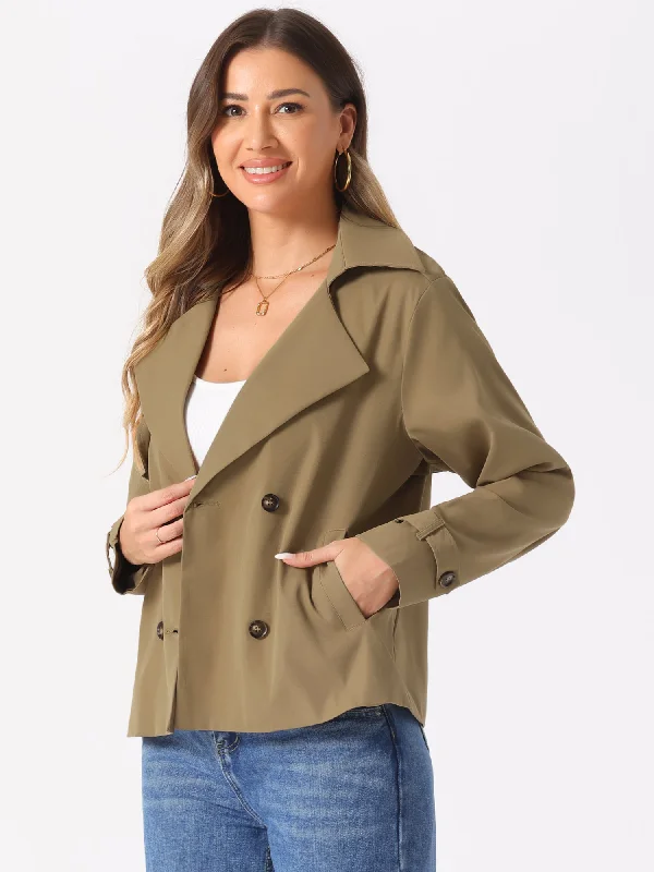 Notched Lapel Double Breasted Short Trench Coat Jacket Nylon Fabric Polyester Fabric Spandex Fabric