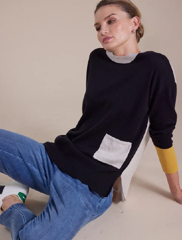 MARCO POLO L/S COLOUR BLOCK SWEATER BLACK - SIZE XS Iron Safe Non-Iron Wrinkle Free