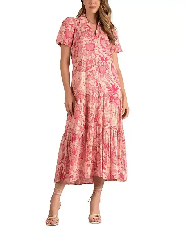 Cotton Floral Dress In Pink Leaf