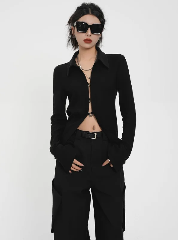 Cropped Zip-Front Cardigan - Long Sleeve Black Knit Sweater Houndstooth Herringbone Solid