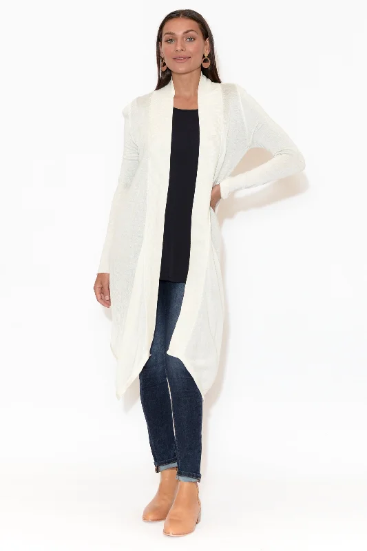 Lauper White Cashmere Bamboo Cardigan Seamless Knitted Crochet