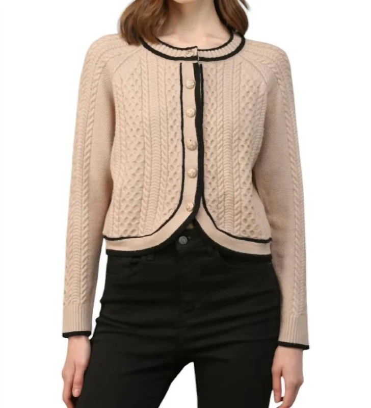 Bailey Cable Knit Cardigan With Contrast Trim In Taupe/black Wool Fabric Cashmere Fabric Tweed Fabric Bailey Cable Knit Cardigan With Contrast Trim In Taupe/black Wool Fabric Cashmere Fabric Tweed Fabric