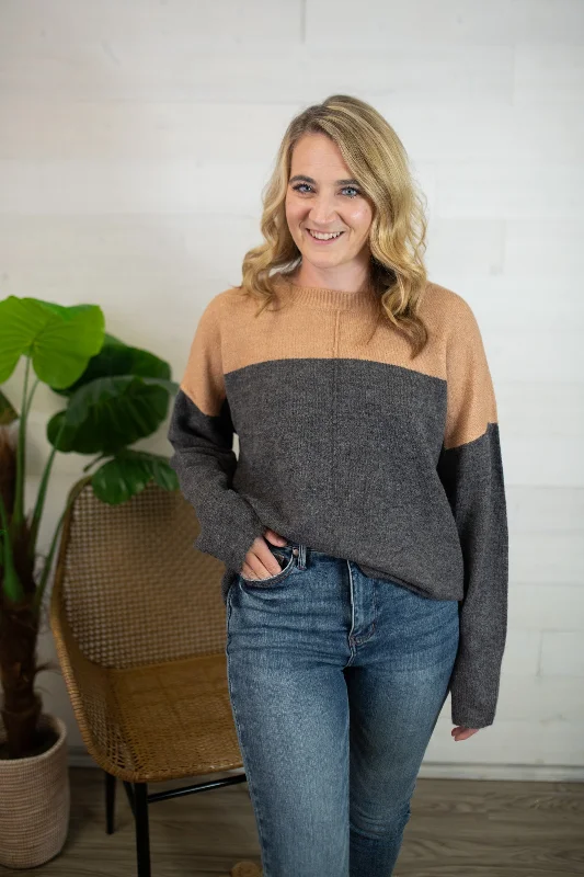 Contrast Long Sleeve Knit Pullover Sweater-Charcoal Graphic Sweater Embroidered Appliqued