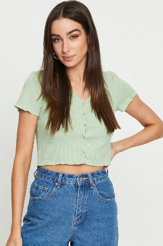 Green Crop Cardigan Short Sleeve Waffle Wool Cardigan Cotton Cardigan Cashmere Cardigan