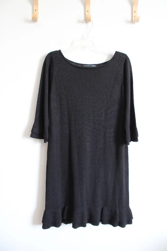 Madison Leigh Black Ruffled Hem & Sleeved Sweater Dress | M Fitted Slim Tailored