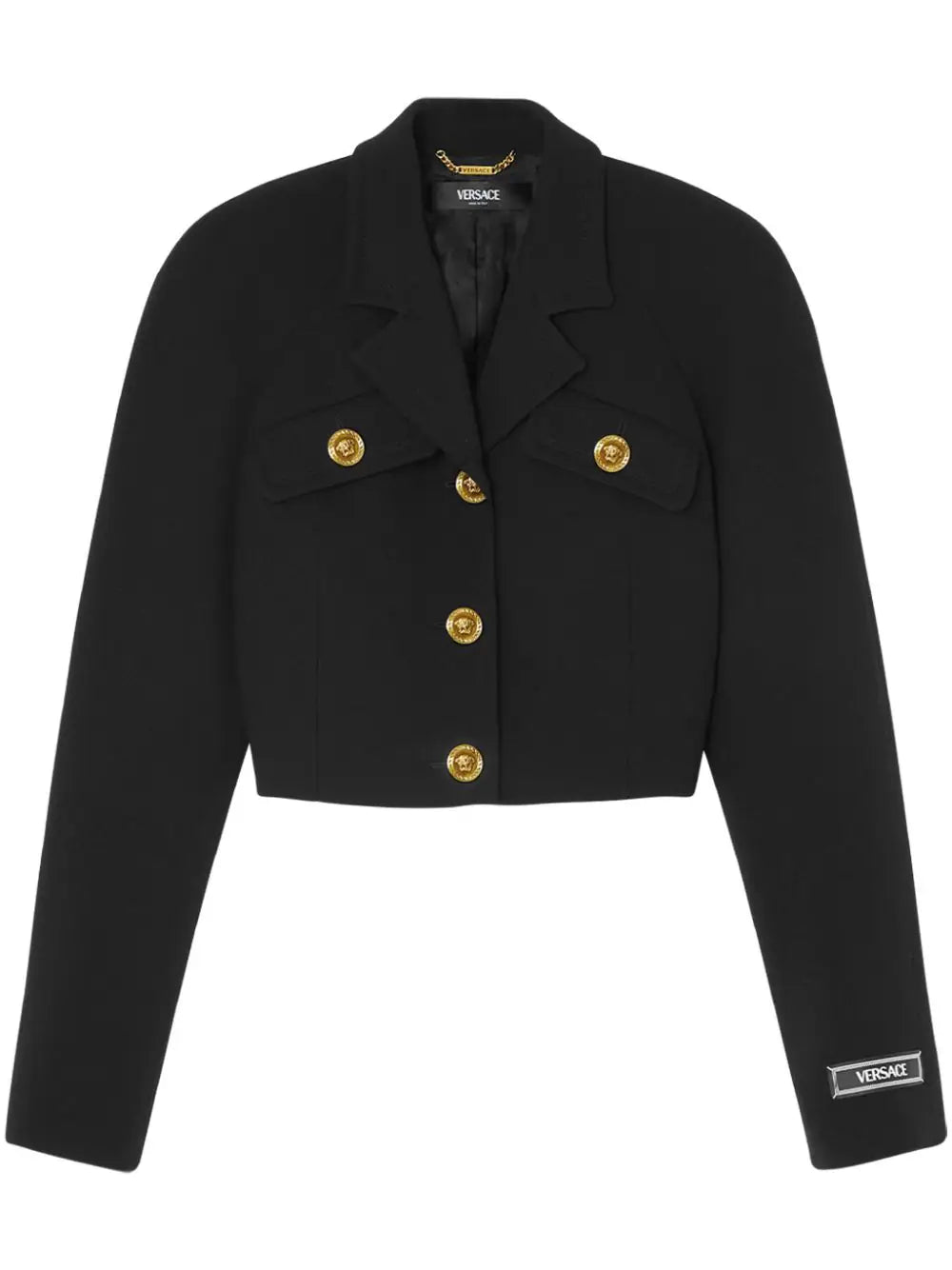 Versace Black Wool Cropped Jacket Stand-Up Collar Roll-Neck Collar Turtle Neck