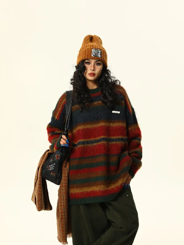 Multicolor Striped Fuzzy Sweater Embroidered Appliqued Beaded