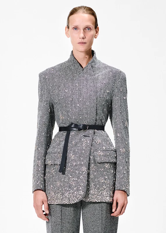 embroidered tux jacket A-Line Jacket Boat Neck Shawl Collar