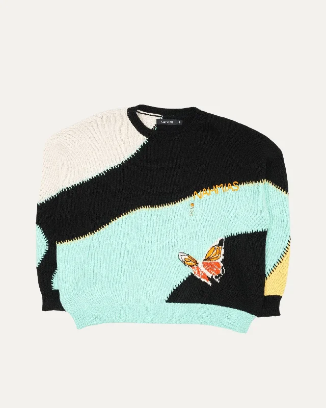 Butterfly Intarsia Crewneck Sweater Denim Fabric Leather Fabric Suede Fabric