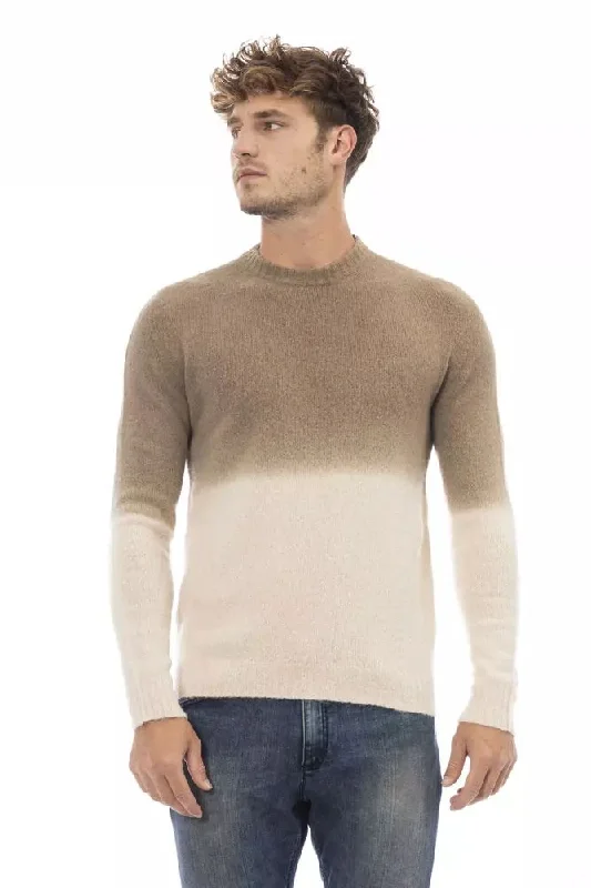 Beige Alpaca Leather Men Sweater Ribbed Striped Patterned