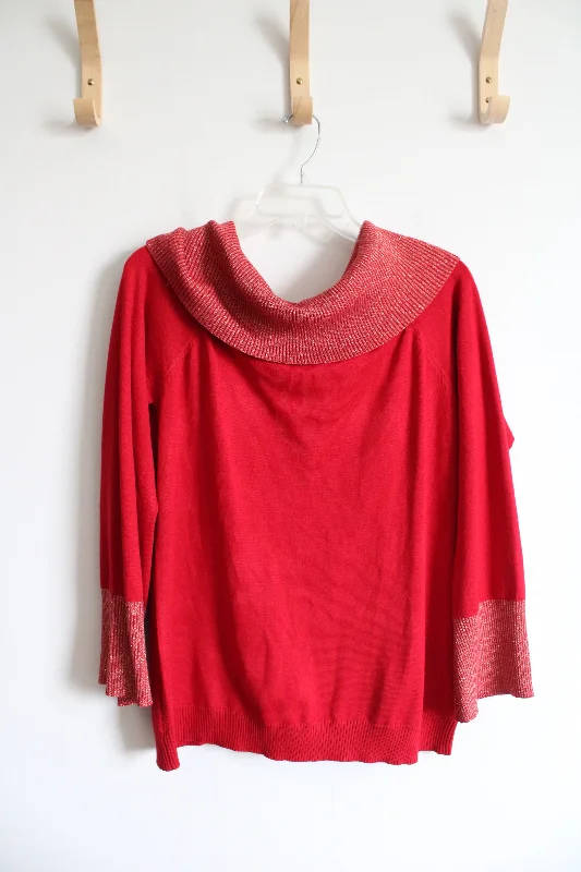 Questions? Red Gold Shimmer Cowl Neck Sweater | L Transparent Opaque Sheer