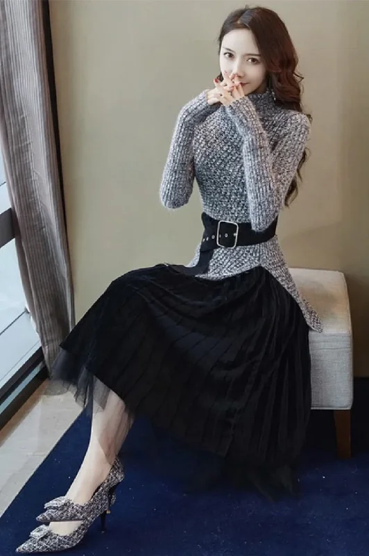 Sweater and Velvet Skirt Set Elegant Classic Vintage
