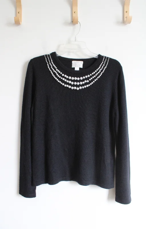 Christopher & Banks Black Pearl Trimmed Silk Blend Sweater | L Neon Metallic Matte
