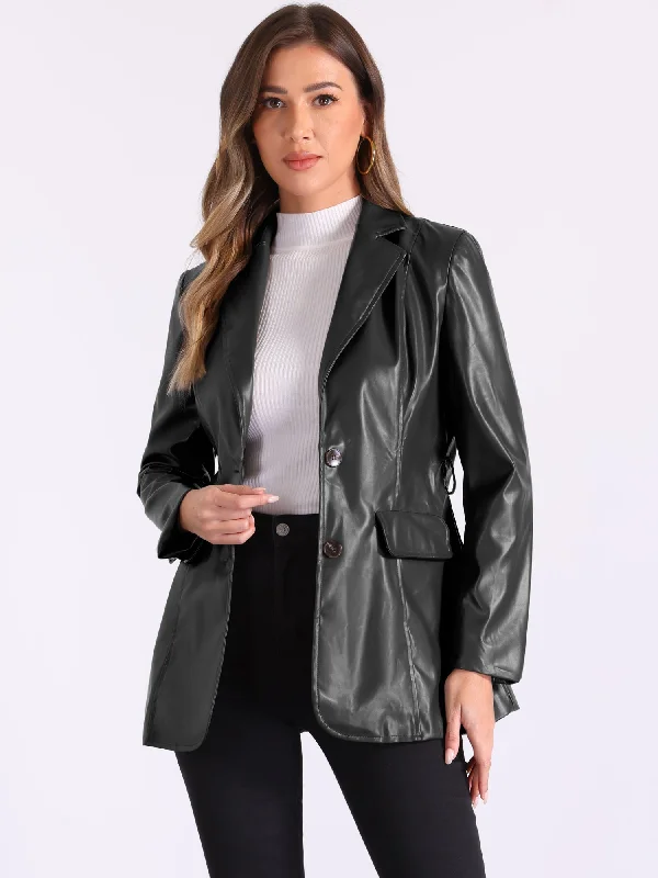 Faux Leather Button Down Notched Lapel Tie Waist Blazer Jackets Cardigan Sweater Pullover