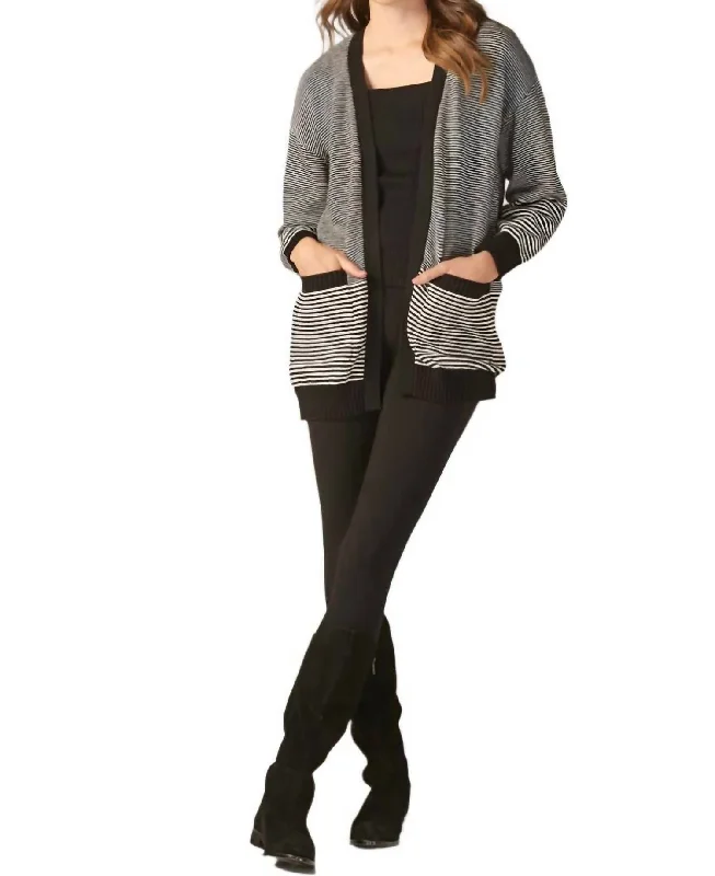 Bristol Striped Cardigan In Grey/black Mesh Cardigan Canvas Denim