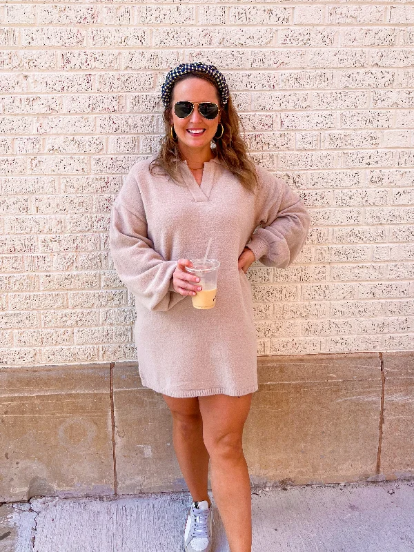 LONG SLEEVE COLLAR FUZZY SWEATER DRESS- TAUPE Cable Knit Ribbed Knit Lace Knit