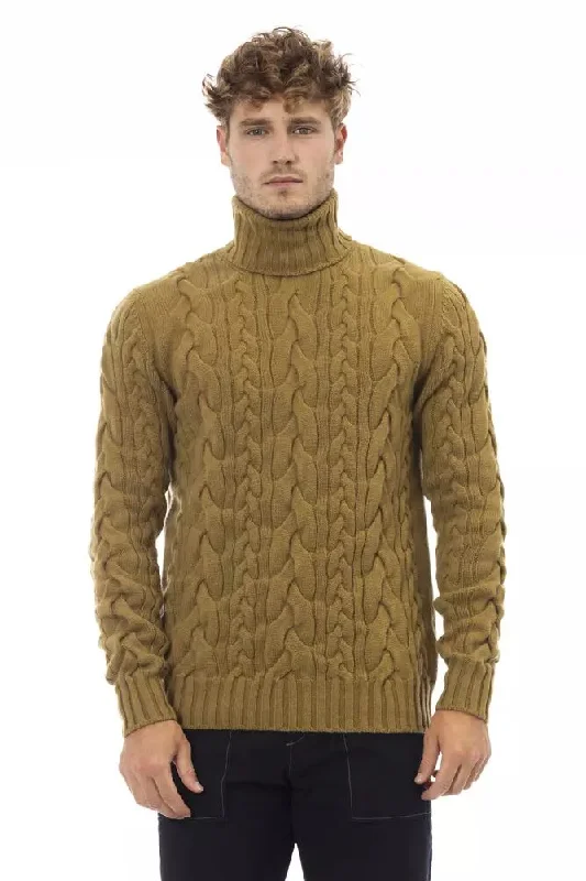 Brown Wool Men Sweater Graphic Sweater Embroidered Appliqued