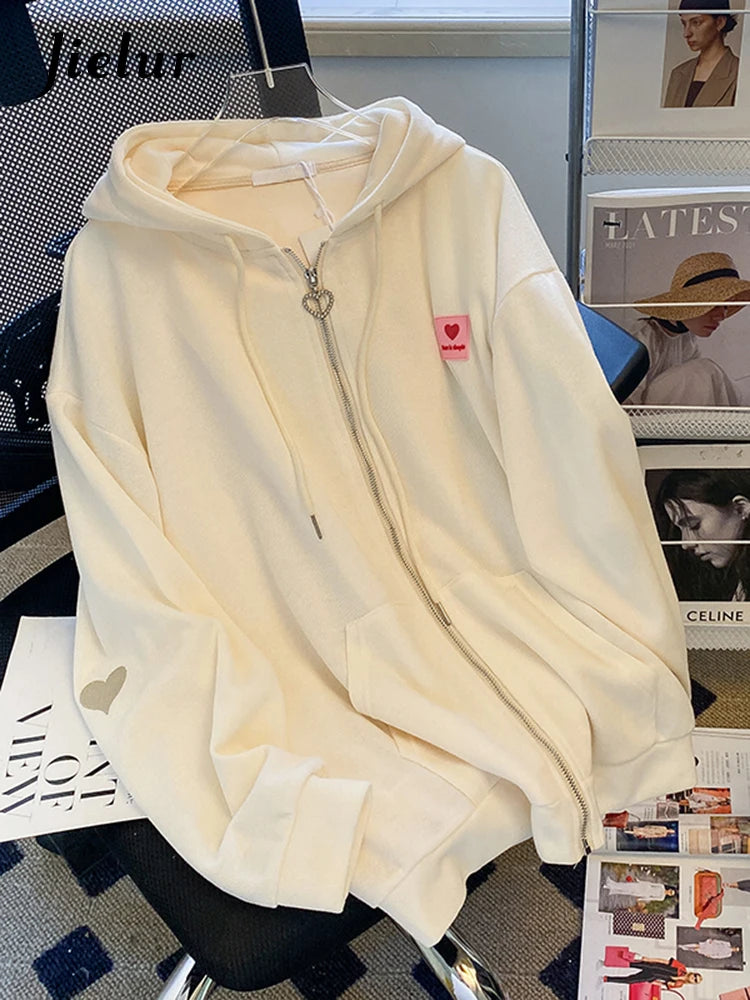 Advbridge New Embroidered Hooded Korean Sweatshirt Women's Cardigan Autumn Thin Coat Female Zipper Apricot Hoodies Streetwear M-XL Cable Knit Ribbed Knit Lace Knit