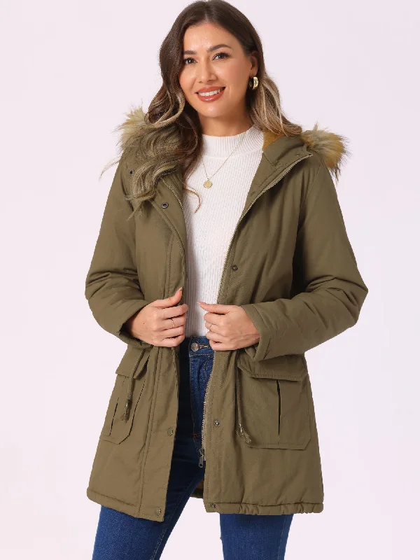 Long Sleeves Windproof Faux Fur Hooded Parka Jacket Denim Fabric Leather Fabric Suede Fabric