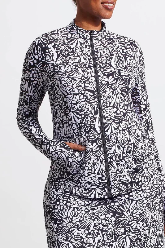 LONG SLEEVE MOCK NECK CARDIGAN - BLACK TULIP Chenille Brocade Lace