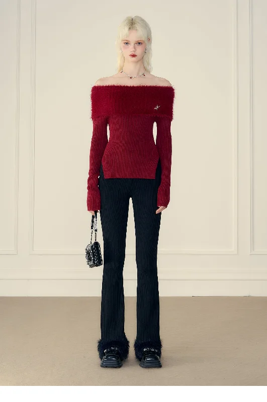 Thick Off-Shoulder Mink Cashmere Knit Sweater Collared Crew Neck Turtle Neck