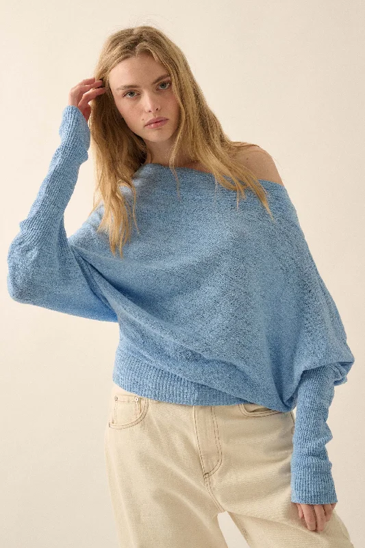 Too Blessed One-Shoulder Slub-Knit Dolman Sweater Denim Fabric Leather Fabric Suede Fabric