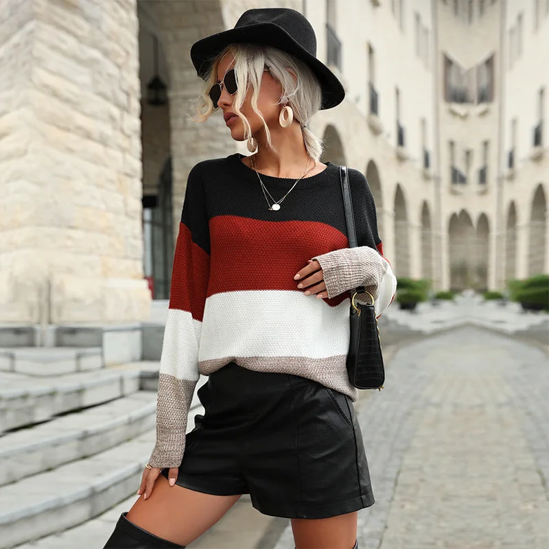 IKEARLAX popular new 2025 Popular trade contrasting color women's clothing autumn loose long-sleeved crew neck sweater retro pullover knitted sweater women Solid Print Embellished