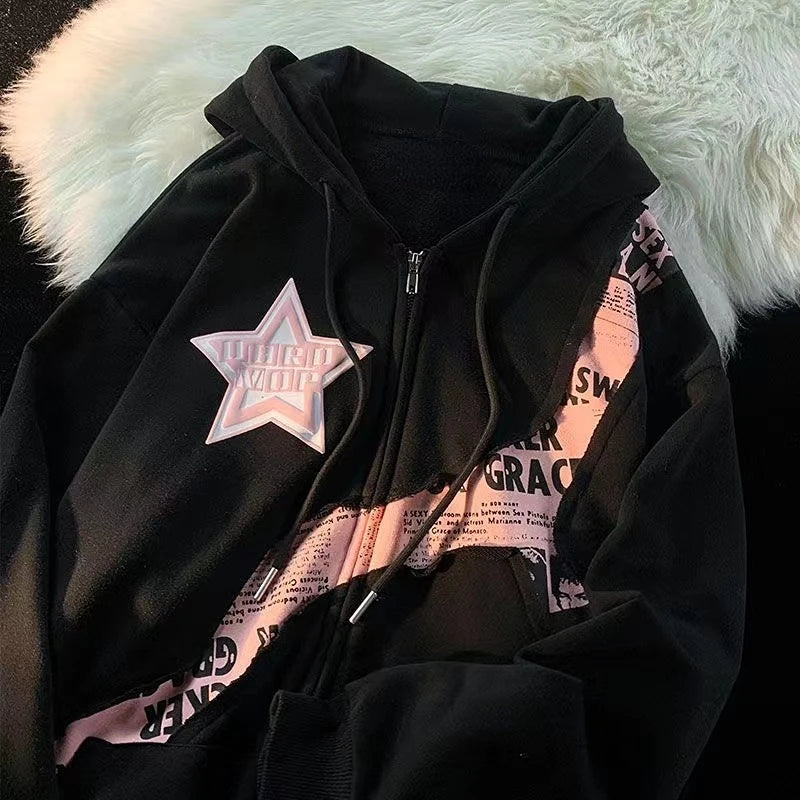 Advbridge Y2K Zipper Hoodie Women 2023 new Fried Street Star Letter print spliced cardigan hoodie women fashion loose coat top streetwear Hooded Caped Shawl Collar
