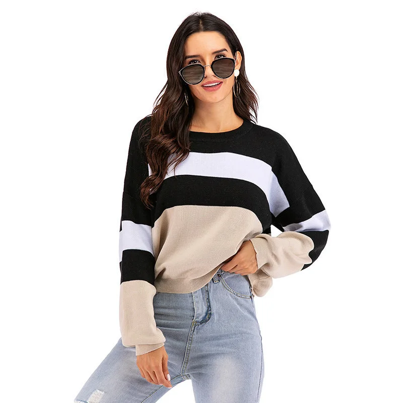 IKEARLAX popular Spring and Autumn New 2025 Crew Neck Knitted Striped Contrast Color Long Sleeve Bottom Sweater Women's Short Pullover Houndstooth Herringbone Solid