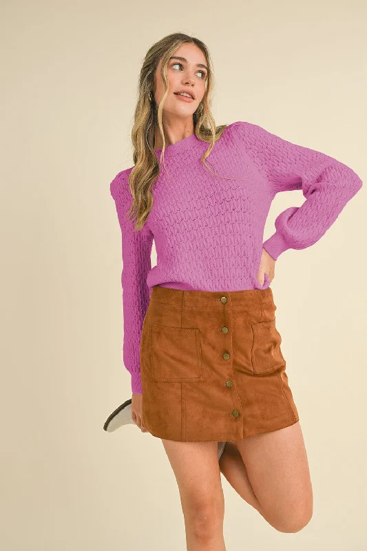 Puff Sleeve Pointelle Sweater in Orchid Faux Fur Fabric Real Fur Fabric Shearling Fabric
