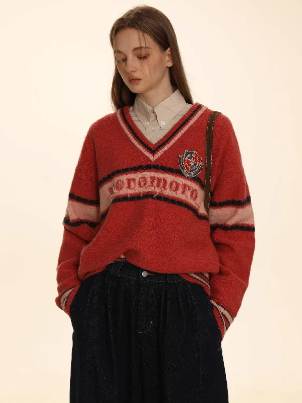 Retro Border Knit V-Neck Sweater Silk Blend Satin Velvet